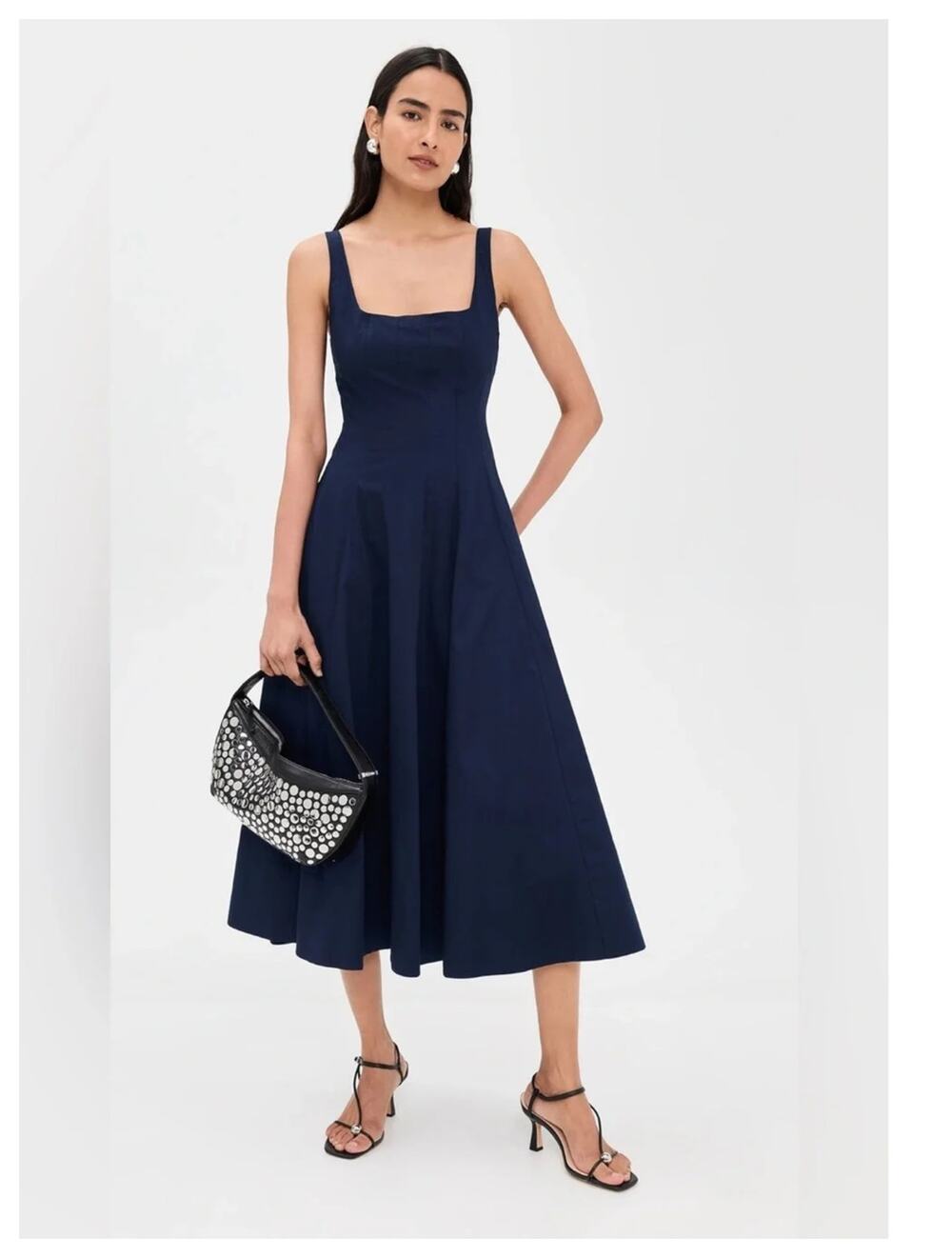 STAUD Wells Stretch Cotton Poplin Midi Fit & Flare Dress Size 14